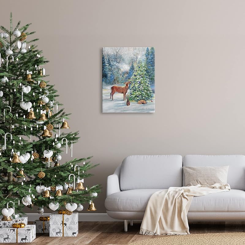 Winter Woodland Animals Tree Canvas Wall Art - 24 x 30 Unframed Wrapped
