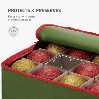 ZOBER Large Christmas Ornament Storage Box - Organize 128 3" Ornaments with Dividers - Durable Green Container with Extra Pockets & Dual Zipper