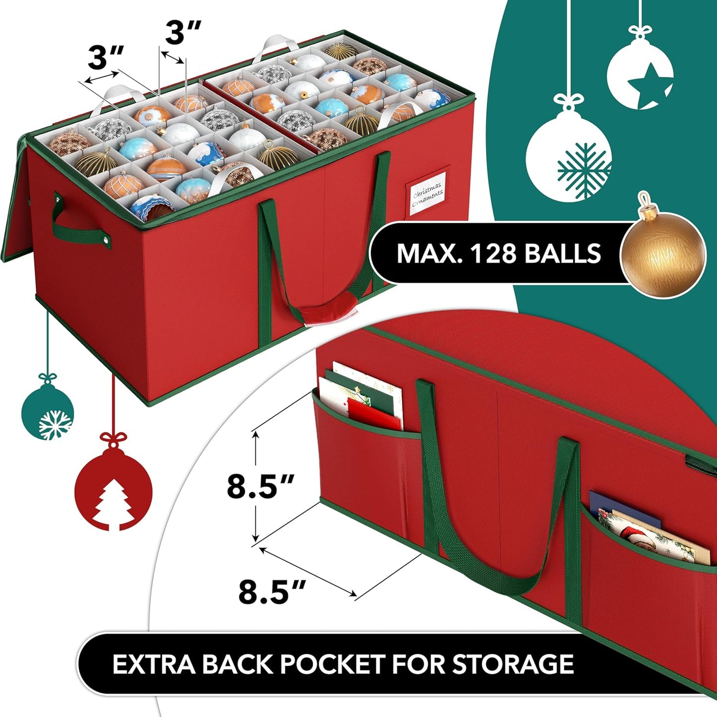 Simple Houseware Heavy-Duty Christmas Ornament Storage Box - Holds 128 Ornaments, Adjustable Dividers, Red