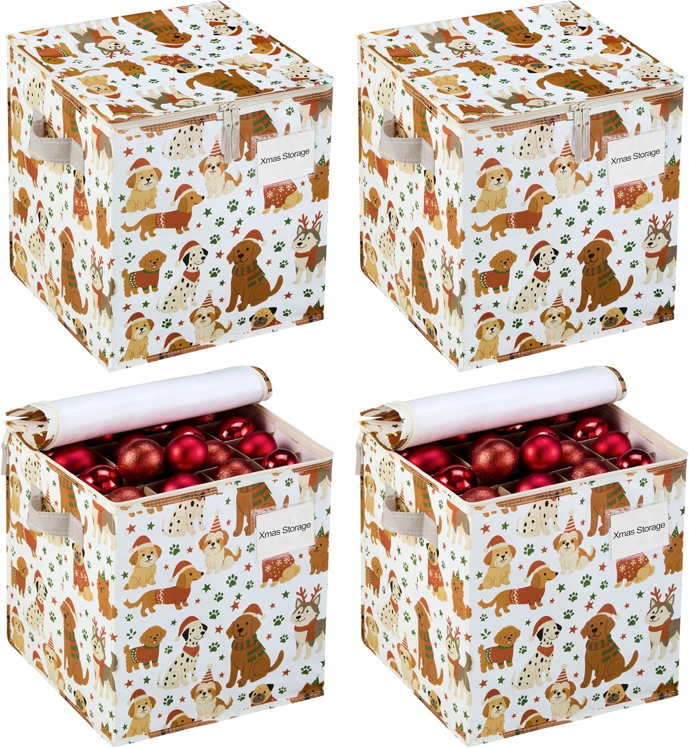 VENO Christmas Ornament Storage Box - 4 Pack, Holds 64 Ornaments, Adjustable Dividers, Zippered Top | Holiday Pups Design