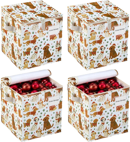 VENO Christmas Ornament Storage Box - 4 Pack, Holds 64 Ornaments, Adjustable Dividers, Zippered Top | Holiday Pups Design
