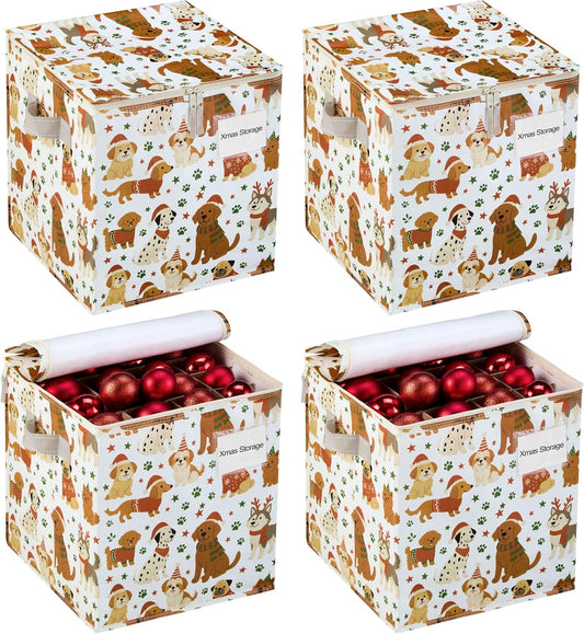 VENO Christmas Ornament Storage Box - 4 Pack, Holds 64 Ornaments, Adjustable Dividers, Zippered Top | Holiday Pups Design