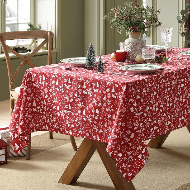 Red 52 x 70 Inch Cotton Blend Tablecloth with Bell & Snowflake Pattern - Holiday Decor