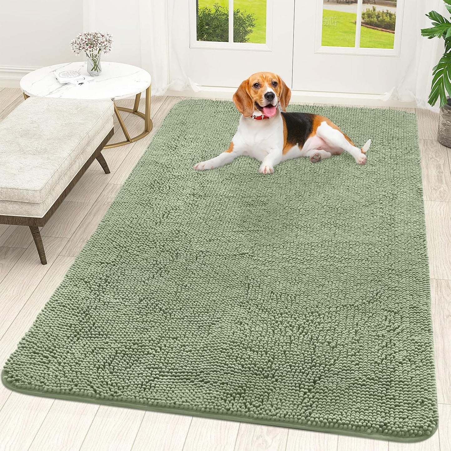 OLANLY Dog Door Mat - Absorbent Non-Slip Chenille Mat for Muddy Paws | 59x35, Quick Dry, Sage Green