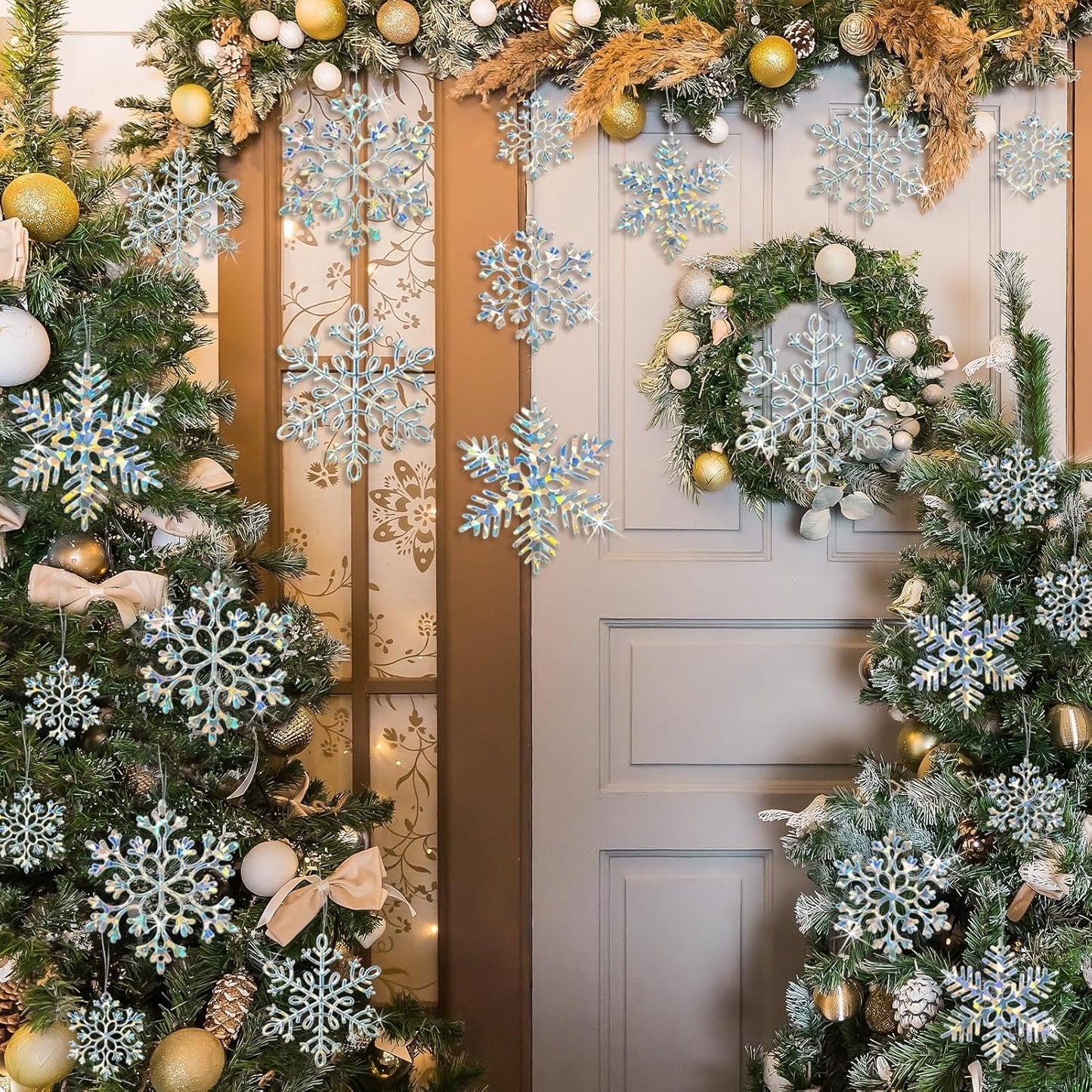 Skiennix Christmas Ornaments - 36 Pack Iridescent Snowflake Decorations for Holiday Parties