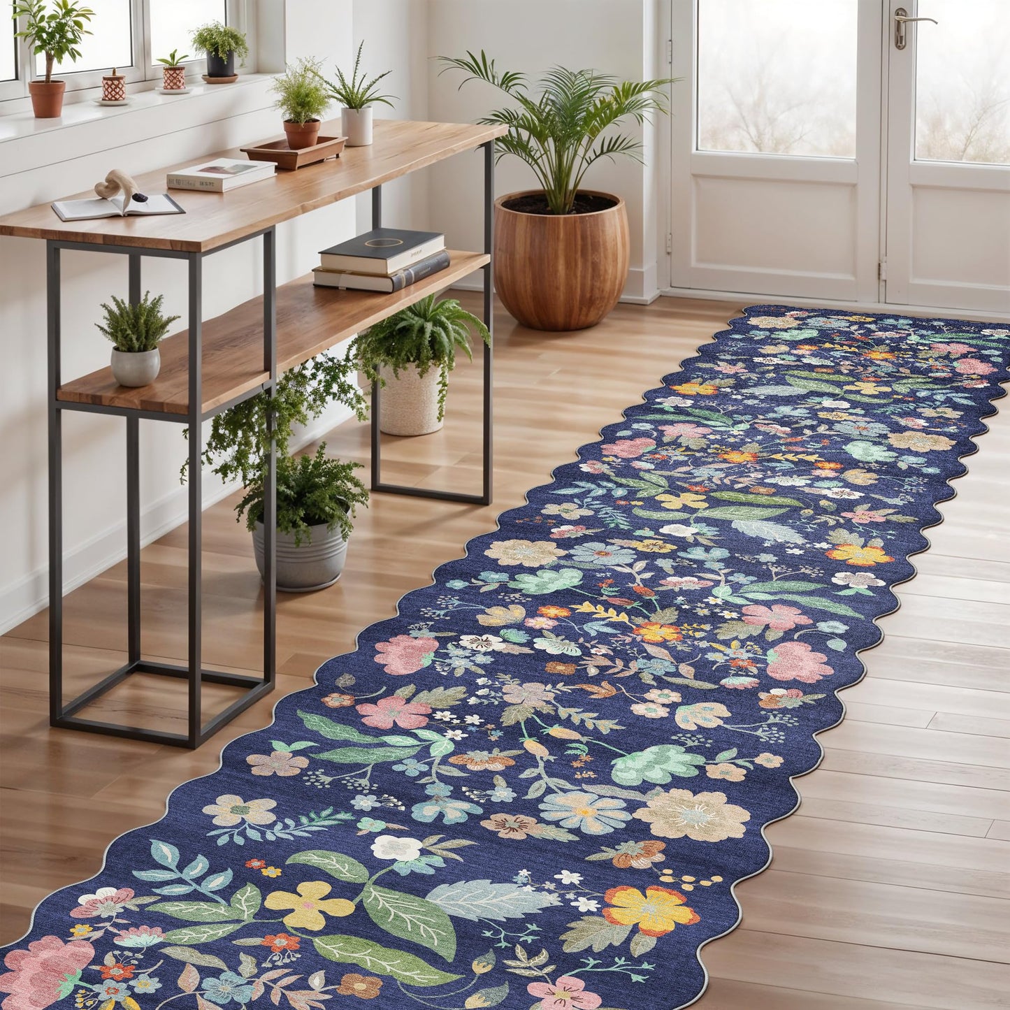 Washable 2'6x12 Hallway Runner Rug: Entryway Non Slip Floral Rug Farmhouse Soft Stain Resistant Carpet for Kitchen Bathroom Bedroom Low Pile Pet Friendly Floor Mat for Living Room(2'6x12/Purple)