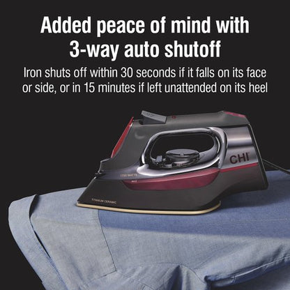 CHI Steam Iron for Clothes with 8’ Retractable Cord, 1700 Watts, 3-Way Auto Shutoff, 400+ Holes, Professional Grade, Temperature Control Dial, Titanium Infused Ceramic Soleplate, Black/Chrome (13109)