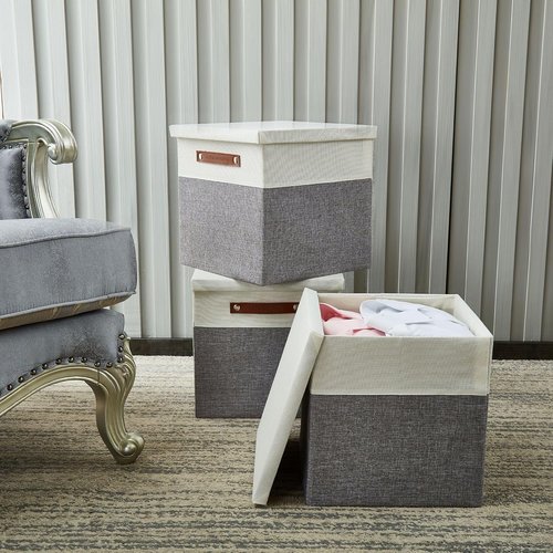 DECOMOMO Storage Basket - Stylish Fabric Box with Lid & Handles | Grey & White, 11” | 3 Pack