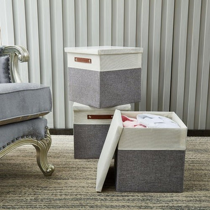 DECOMOMO Storage Basket - Stylish Fabric Box with Lid & Handles | Grey & White, 11” | 3 Pack