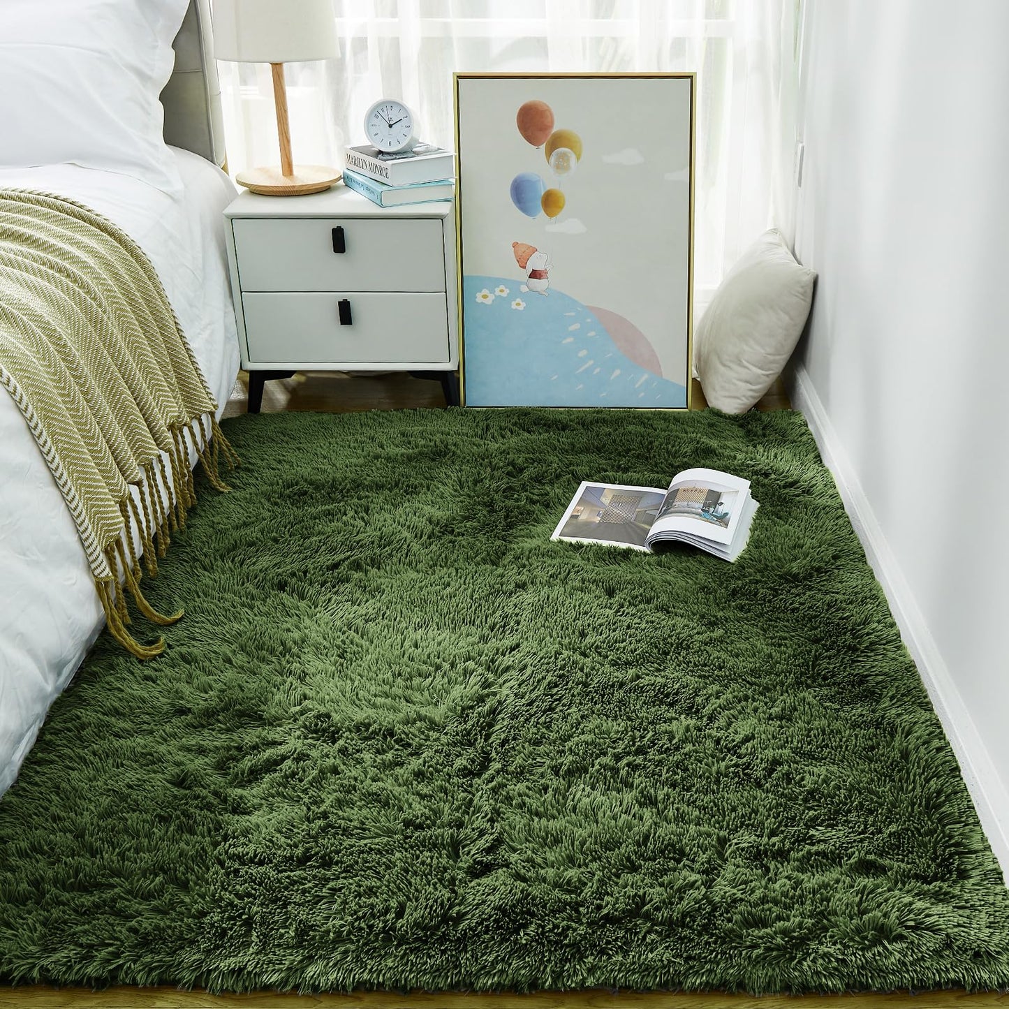 Ophanie Gray Green Grass Area Rugs for Bedroom, 3x5 Shag Fluffy Carpet, Fuzzy Furry Plush Soft Cute Kids Baby Girls Shaggy Bedside Floor Rug for Teen Dorm Nursery Home Decor Aesthetic