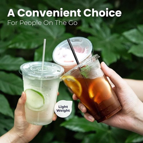 Fit Meal Prep 9 oz Plastic Iced Coffee Cups - 100 Pack with Flat Lids & Straws | BPA-Free for Smoothies & Cold Drinks