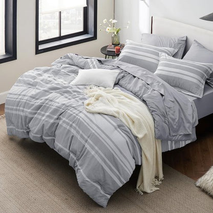 Bedsure Queen Comforter Set 7 Pieces, Grey Striped Bedding Set for All Seasons, Reversible, Cationic Dyeing Bed in a Bag with Comforter, Sheets, Pillowcases & Shams