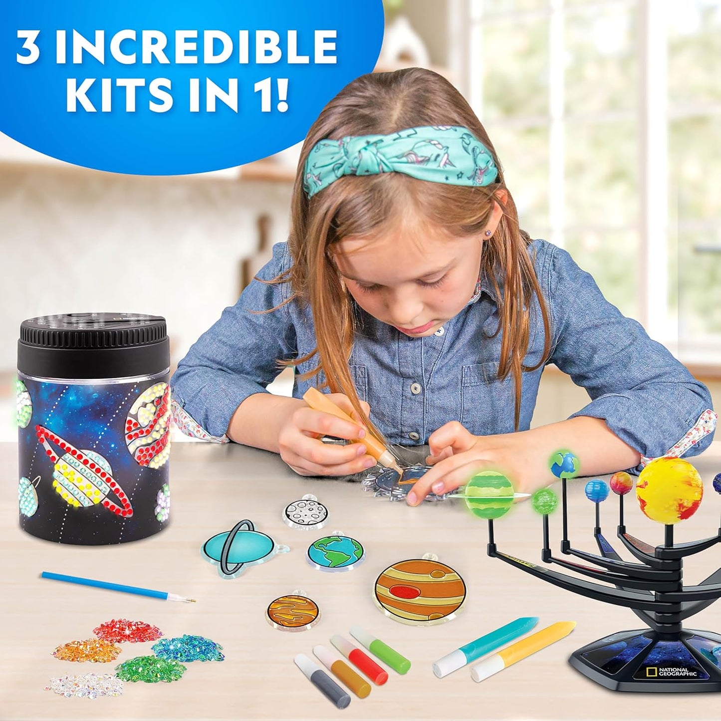 National Geographic Ultimate Space Activity Kit - Glow-in-the-Dark Solar System Model & Diamond Painting Set for Kids