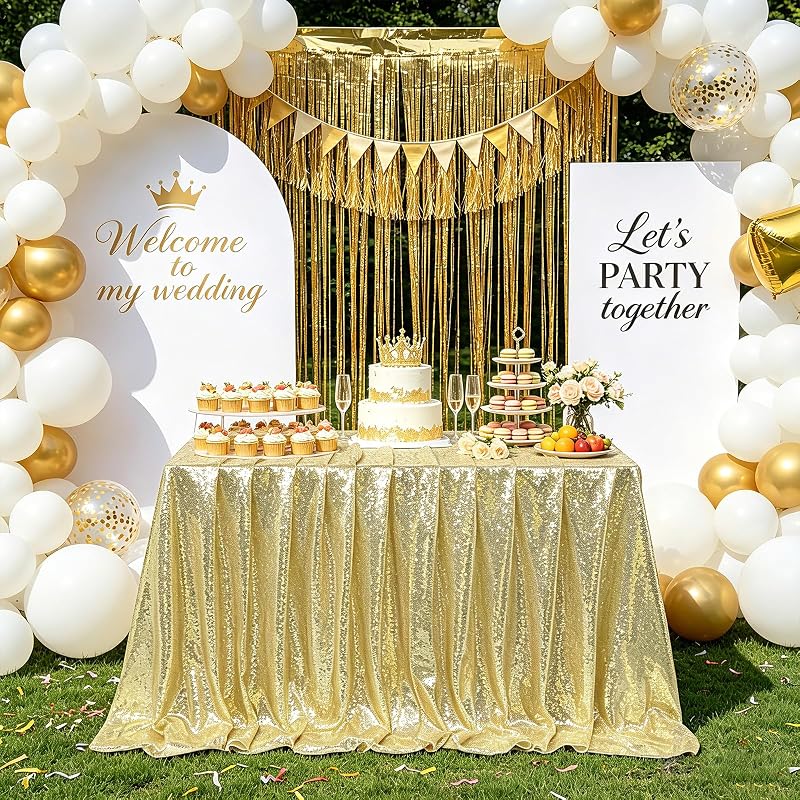 Light Gold Sequin Tablecloth Rectangular 90" x 156" - MoKoHouse Variation: Light Gold + 90" x 156"