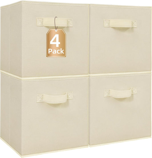 Storage Maniac 11-Inch Collapsible Storage Cubes - Durable Fabric Bins with Handles | 4-Pack Beige for Home Organization