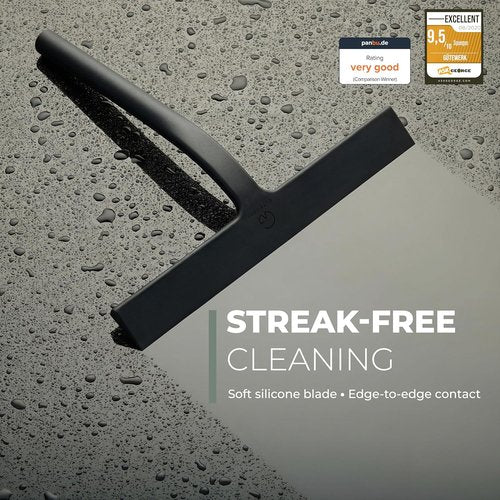 GÜTEWERK Silicone Shower Squeegee - Streak-Free Glass & Mirror Cleaner | 3-in-1 No-Drill Mount, Black, 13 Inches