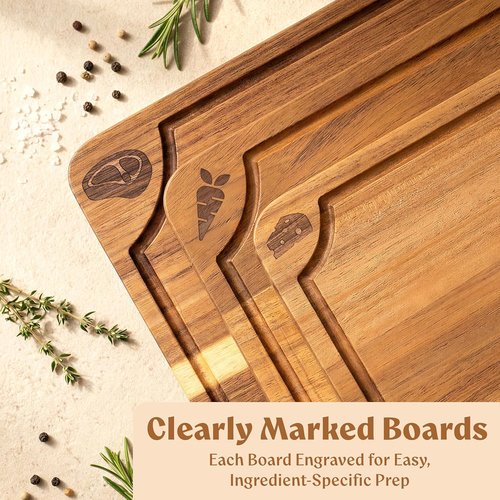 Acacia Wood Cutting Boards Set by [Brand Name] - Beeswax Finished, Non-Toxic, Juice Groove, Non-Slip Feet | 3-Piece Charcuterie Set