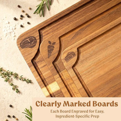 Acacia Wood Cutting Boards Set by [Brand Name] - Beeswax Finished, Non-Toxic, Juice Groove, Non-Slip Feet | 3-Piece Charcuterie Set