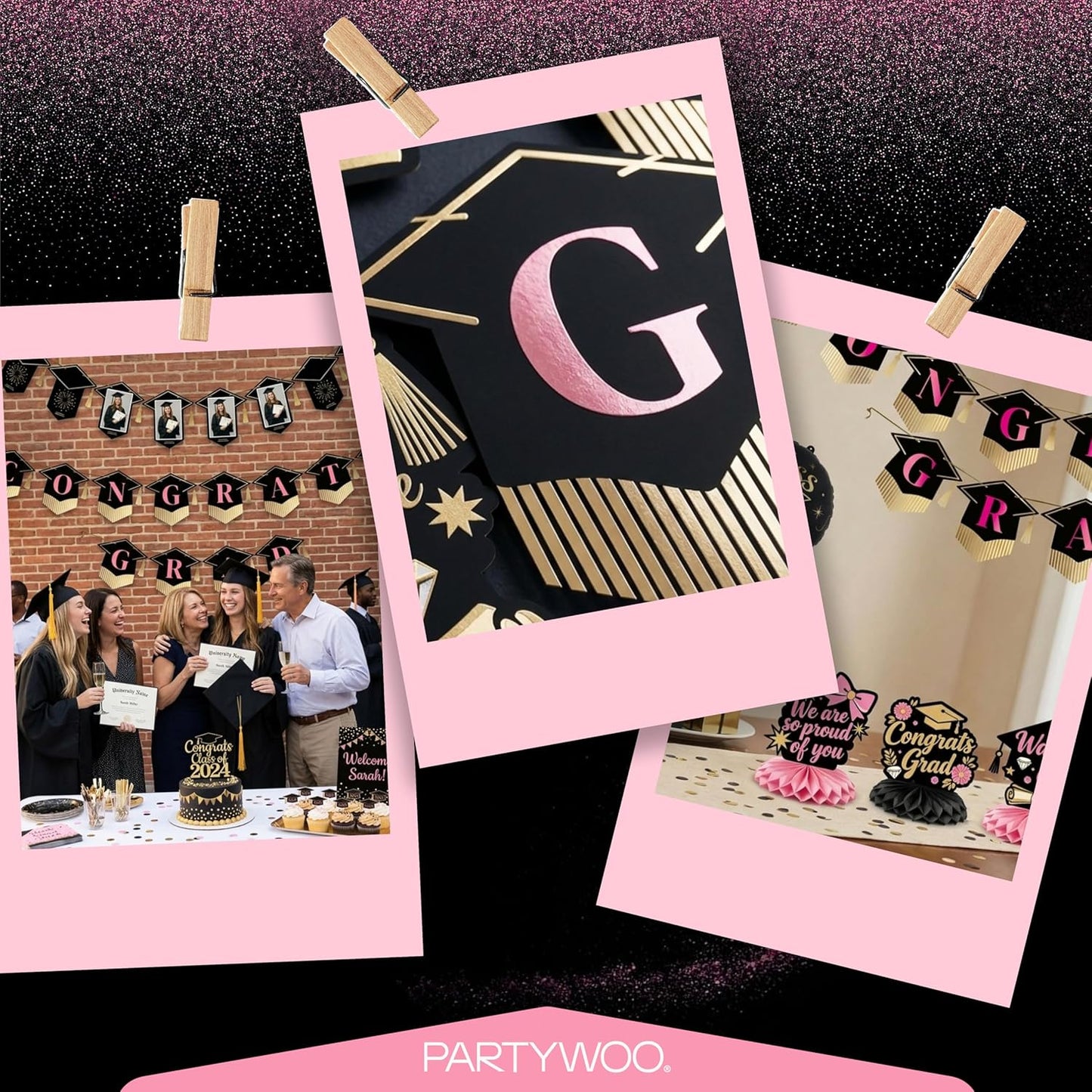 PartyWoo Graduation Banner - Class of 2026 Black Pink Gold Decorations | 2-Piece Set for Middle & High School Celebrations