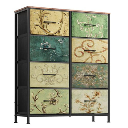 WLIVE Tall Fabric Dresser with 8 Drawers, Storage Tower with Fabric Bins, Double Dresser, Chest of Drawers for Closet, Bedroom, Living Room, Hallway, Dorm, Floral Painted