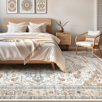 Skiennix 9x12 Area Rug - Washable Boho Vintage Design | Soft, Stain-Resistant Indoor Carpet in Beige & Blue