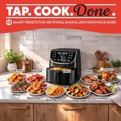 Gourmia Air Fryer - 7 Qt Capacity with LED Display & 12 One-Touch Presets | Nonstick Basket & Crisper Tray, Black