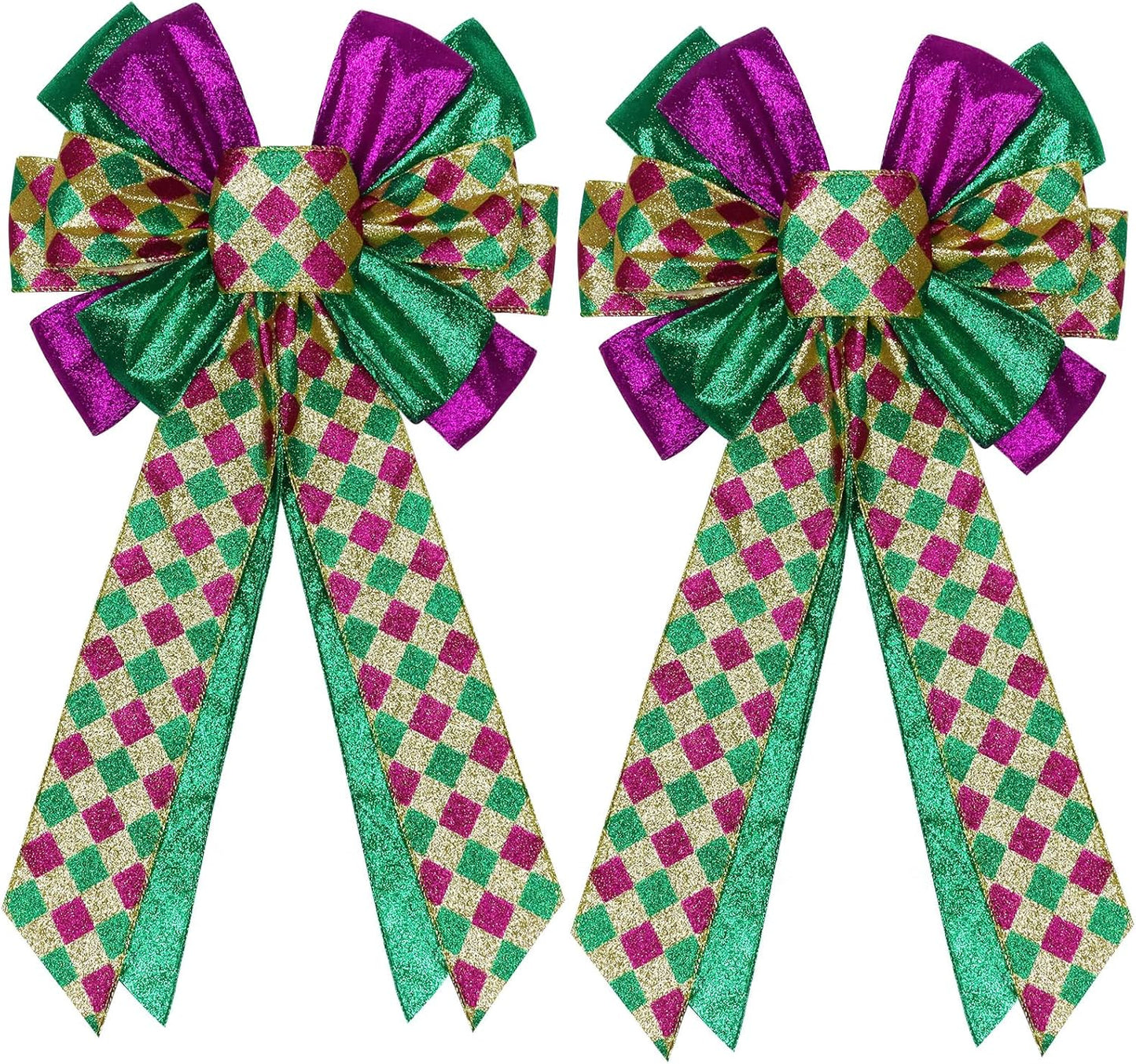 Skiennix Mardi Gras Bows - Large 12”x20” Glitter Tree Topper Decor for Holiday Parties & Wreaths | Gold, Green, Purple
