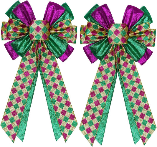 Skiennix Mardi Gras Bows - Large 12”x20” Glitter Tree Topper Decor for Holiday Parties & Wreaths | Gold, Green, Purple