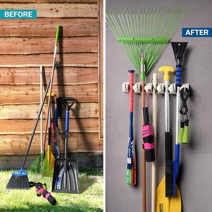 HOME IT Mop And Broom Holder - Wall-Mounted Garage Storage System with 5 Slots & 6 Hooks | Off-White