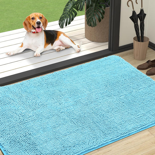 OLANLY Dog Door Mat - Absorbent Non-Slip Washable Chenille Mat for Muddy Paws | 47x32, Blue
