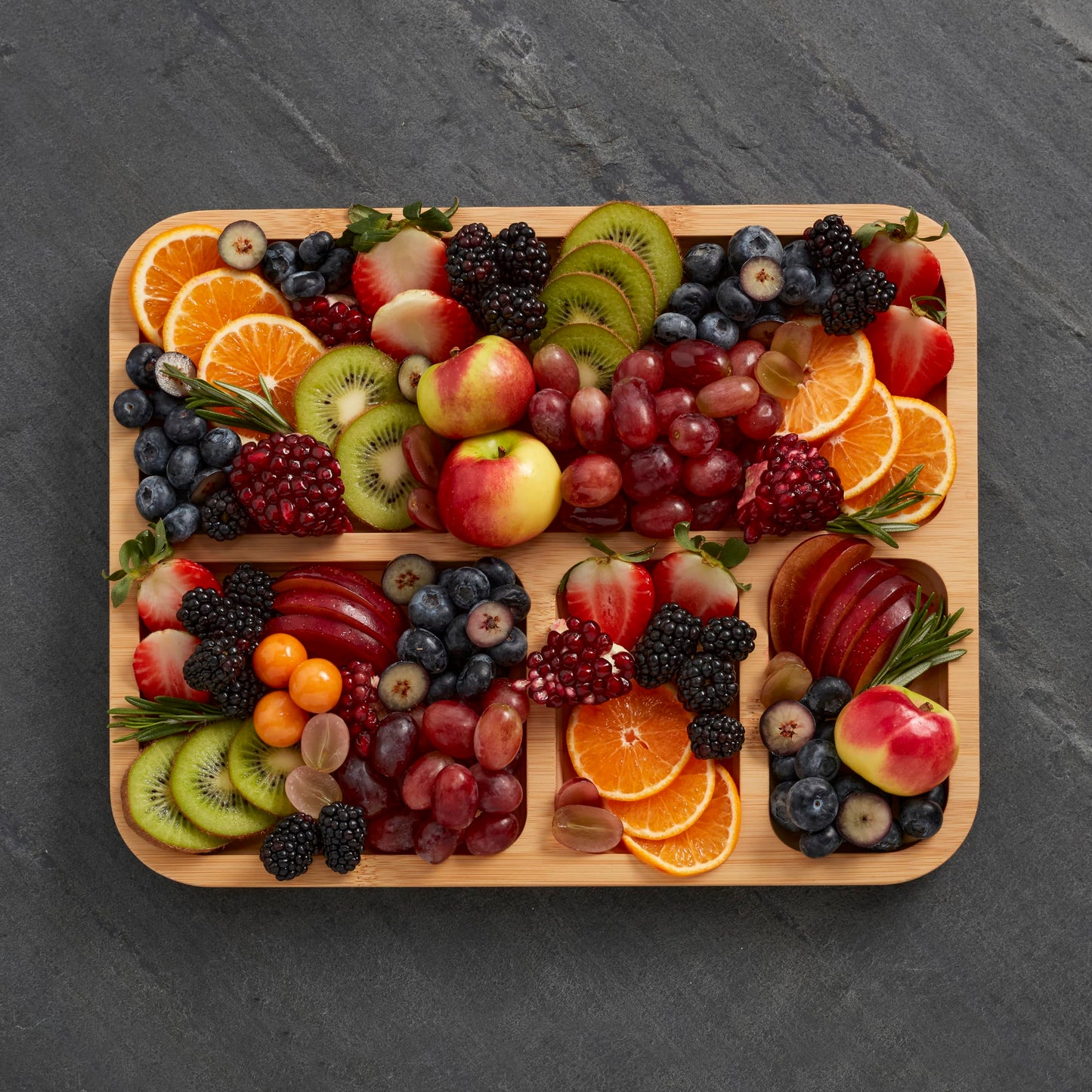 Farberware Build-A-Board Bamboo Cutting Board with Built-in Compartments and Clear Locking Lid with Blue Handles, Perfect for Charcuterie, Snacks, and More - Make it. Take it. Enjoy it, 11x14 Inches