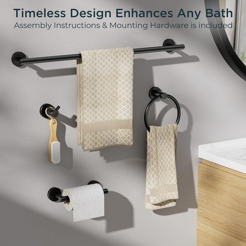 FORIOUS Bathroom Accessories Set - Modern 24 Inch SUS304 Stainless Steel Towel Bar | Matte Black Finish