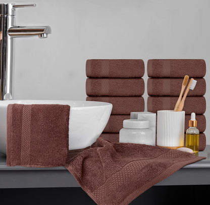 White Classic Luxury Cotton Washcloths 13x13 Inch - 650 GSM Turkish Cotton | Hotel, Spa, Bathroom Face Towel | 12 Pack, Brown