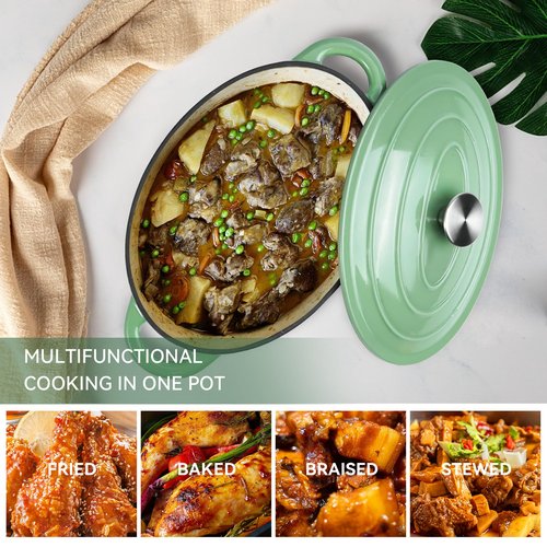 Kerilyn 4.5 QT Enameled Oval Dutch Oven Pot with Lid and Dual Handles, Cast Iron Dutch Oven for Cooking, Bread Baking, Non-stick Enamel Coated Cookware (Light Green)