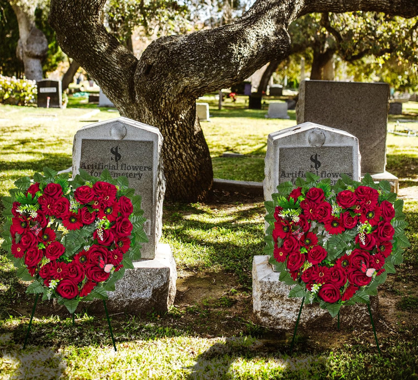 Regine Switzerland Cemetery Wreath - Heart-Shaped Memorial Floral with 30-Inch Easel Stand | Red Rose Design