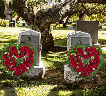 Regine Switzerland Cemetery Wreath - Heart-Shaped Memorial Floral with 30-Inch Easel Stand | Red Rose Design