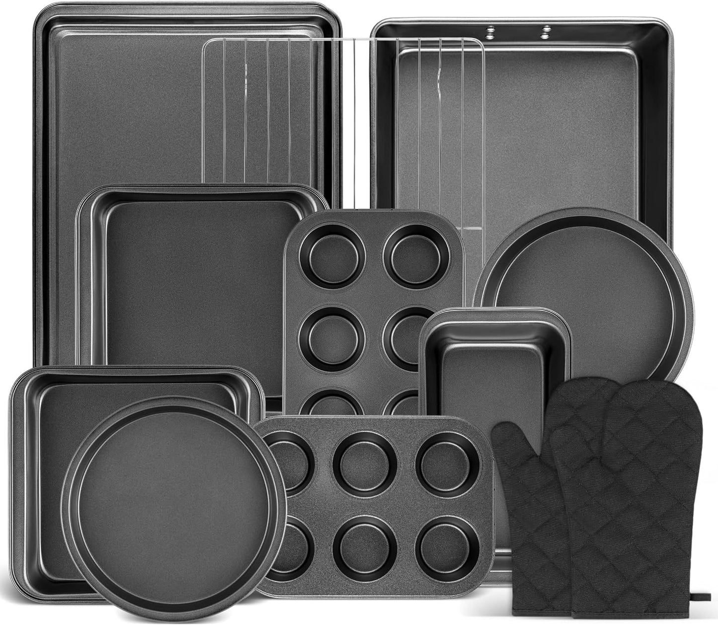 Skiennix 12PCS Nonstick Baking Pans Set - Stackable Bakeware with Wider Grip | Includes Cookie Sheets, Muffin Pan, Loaf Pan, Cake Pan, Roasting Pan, Oven Mitts