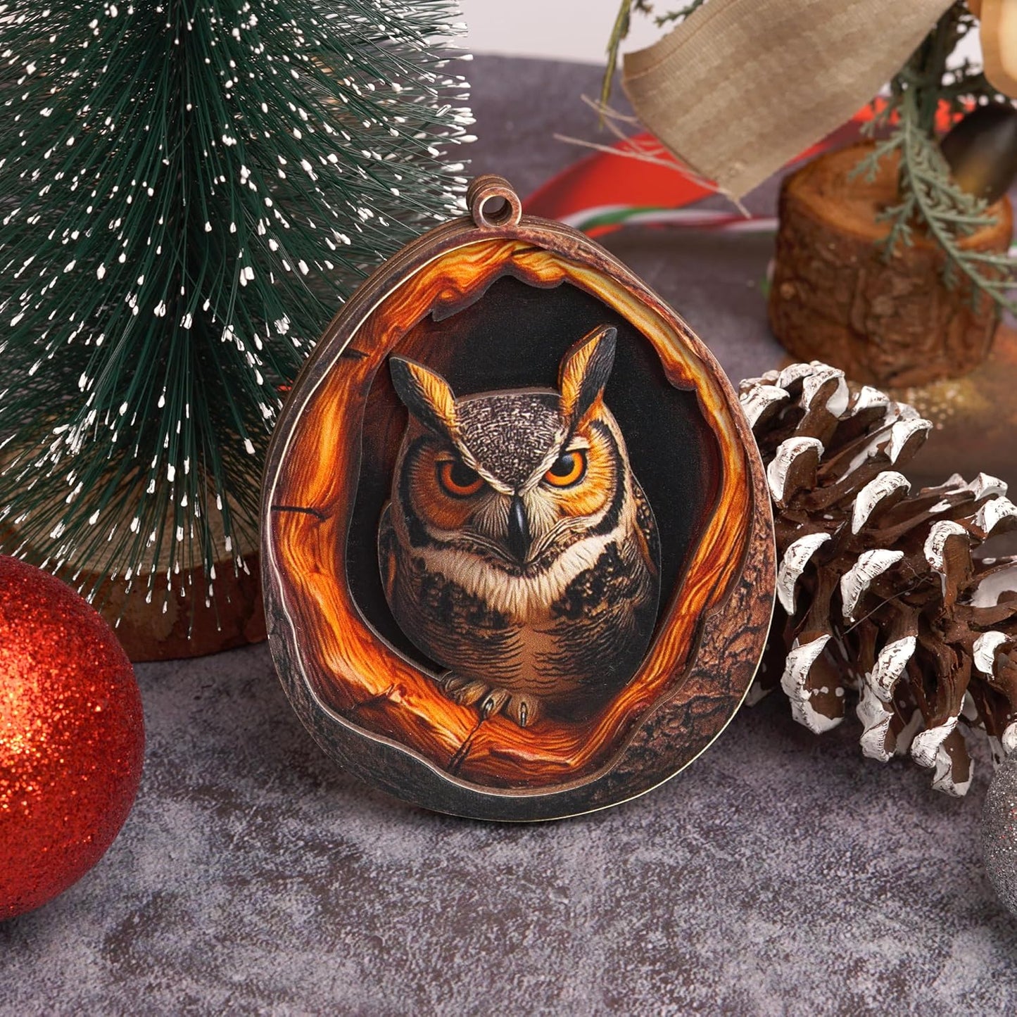 Skiennix Owl Ornaments - Realistic 3.54'' Flat Wood Decor for Christmas | Unique Gifts for Owl Lovers