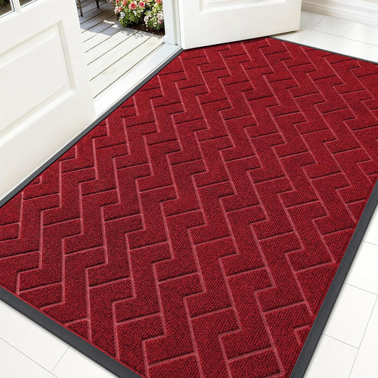 OLANLY Waterproof Front Door Mat - All-Season Indoor/Outdoor Doormat | Sturdy Natural Rubber, Herringbone Brick (Wine Red, 59x35)
