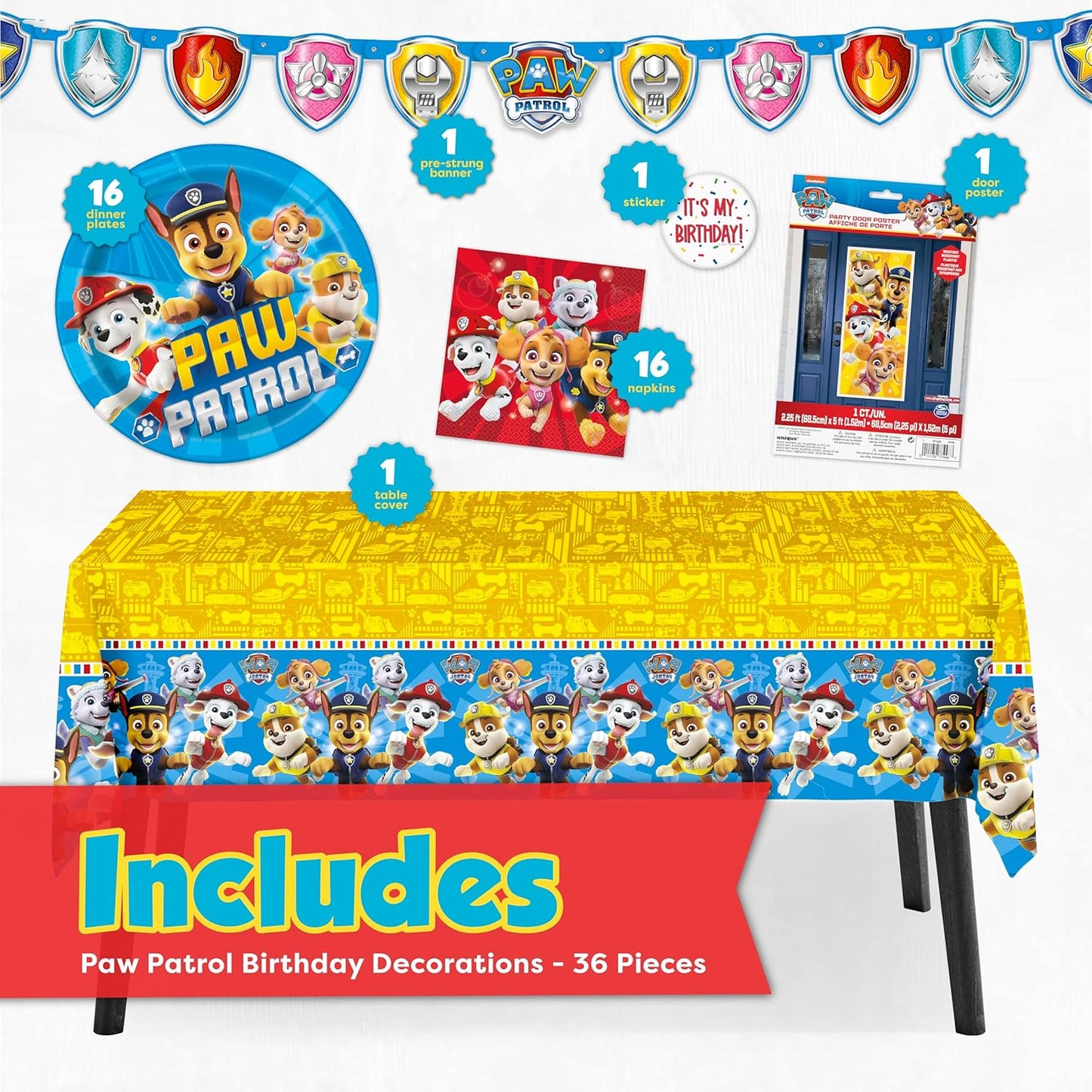 Paw Patrol Birthday Decorations - Complete Party Set for 16 Guests | Banner, Tablecloth, Plates & More