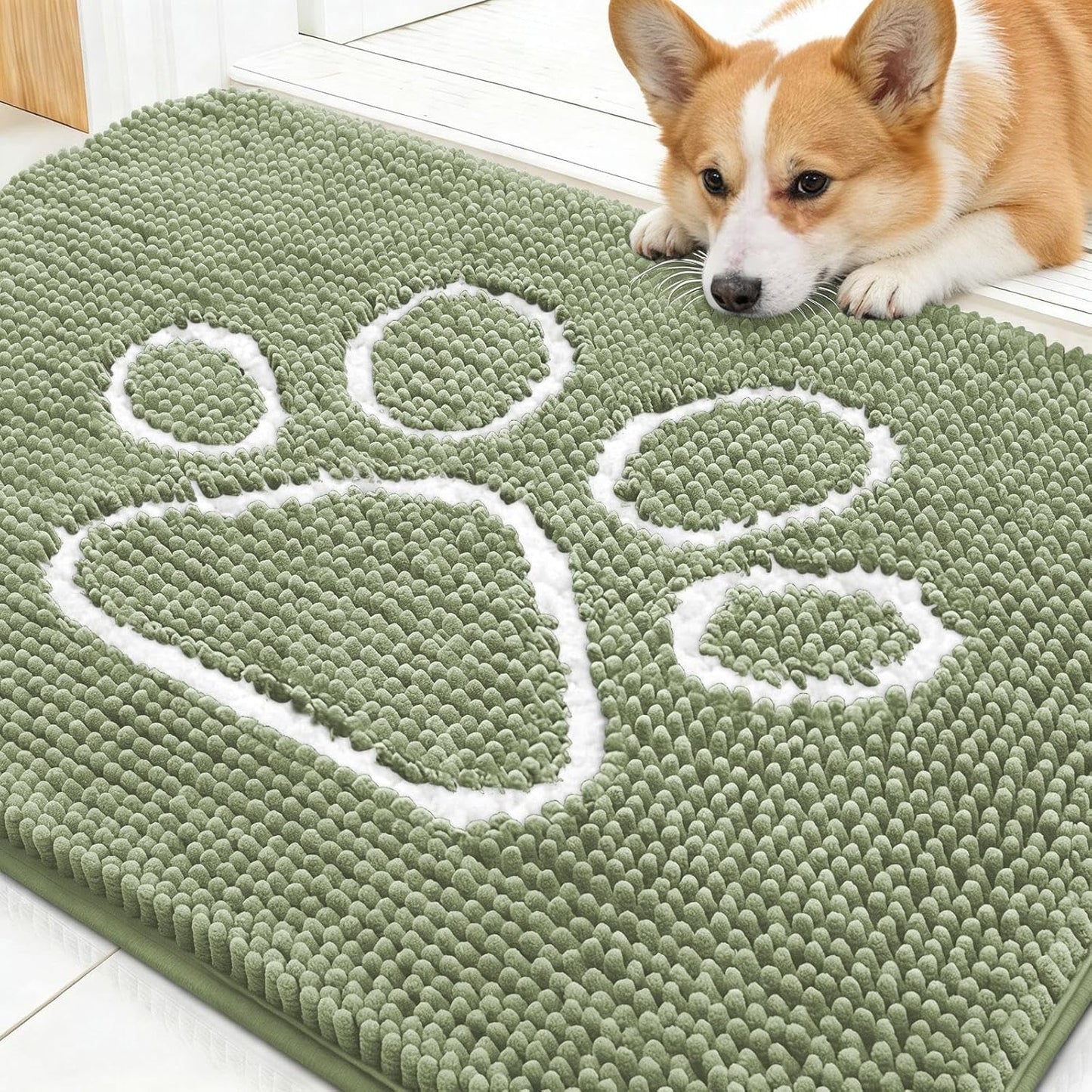 OLANLY Dog Door Mat - Absorbent Muddy Paws Doormat | Non-Slip Chenille, 30x20, Sage Green