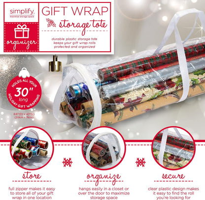 Simplify Clear Gift Wrap Storage Bag - Holds 30" Long Wrapping Paper Rolls | Zipper Closure | Easy Carry Hangers | Red