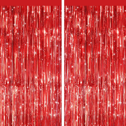Red Metallic Tinsel Foil Fringe Curtains by [Brand Name] - 2 Pack Photo Booth Backdrop for Parties & Events