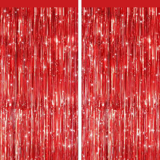 Red Metallic Tinsel Foil Fringe Curtains by [Brand Name] - 2 Pack Photo Booth Backdrop for Parties & Events