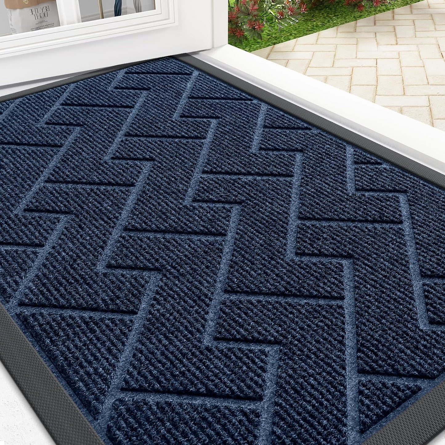 OLANLY Waterproof Front Door Mat - All-Weather Herringbone Design | Easy Clean, Low Profile, Blue (29.5x17)