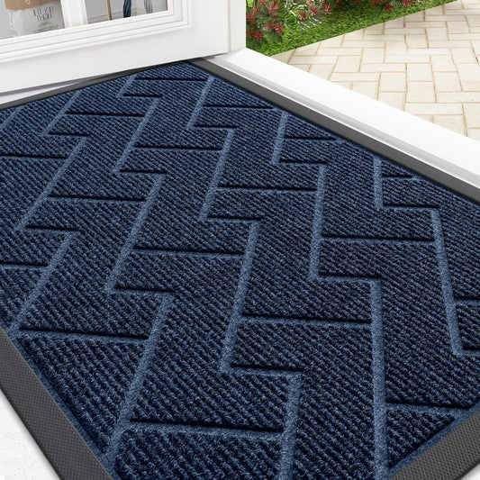 OLANLY Waterproof Front Door Mat - All-Weather Herringbone Design | Easy Clean, Low Profile, Blue (29.5x17)