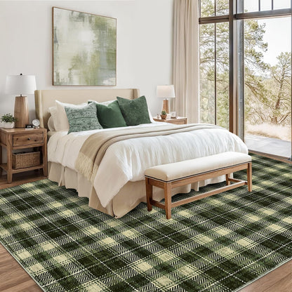 LUXLOOM Washable Rug 8 x 10 Rug for Living Room Modern Bedroom Rug Green Rug for Plaid Rustic Large Rug Non Slip Throw Rugs Stain Resistant Carpet for Nursery Dining Room Office Rug 8'x10' Olive Green