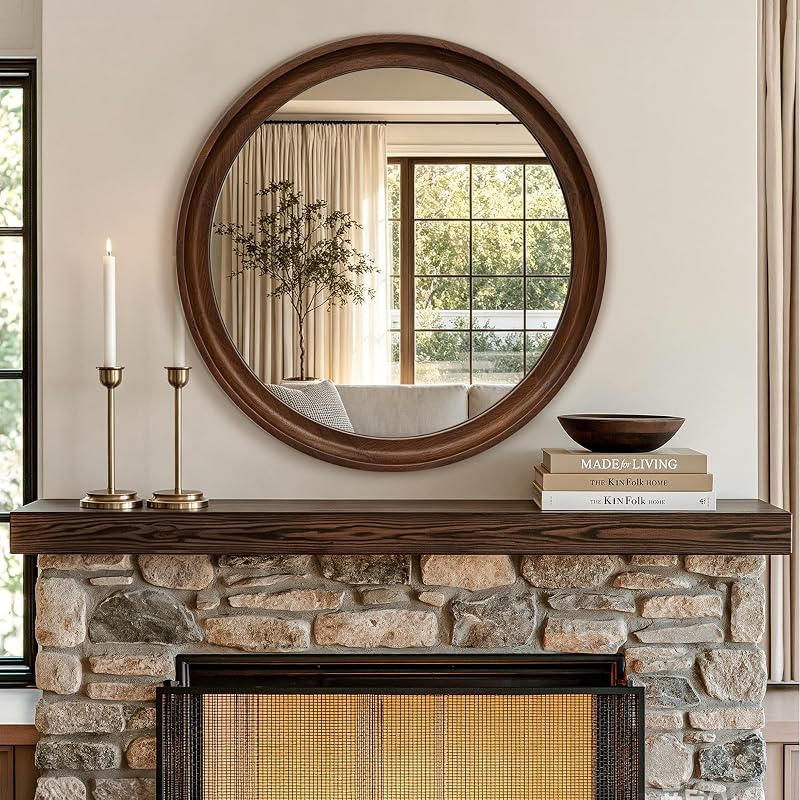 Round Wood Mirror 28" Circle Mirror with Walnut Frame - Contemporary Wall Decor