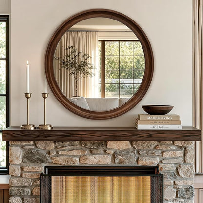 Round Wood Mirror 28" Circle Mirror with Walnut Frame - Contemporary Wall Decor