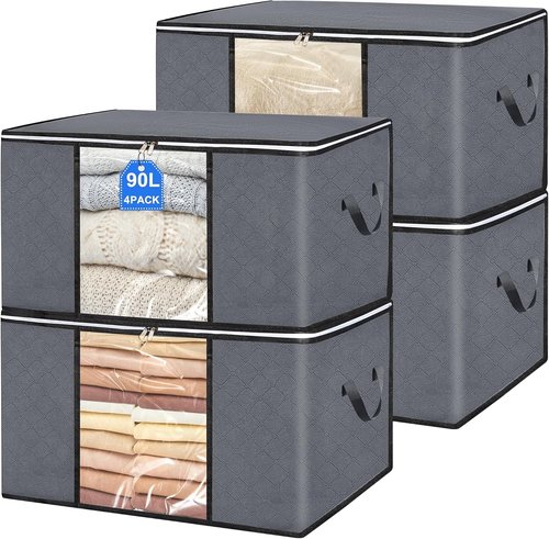 BiCINE 90L Large Clothes Storage Bags - Foldable Blanket & Comforter Bins with Clear Window | Ideal for Bedding, Pillows & Sweaters
